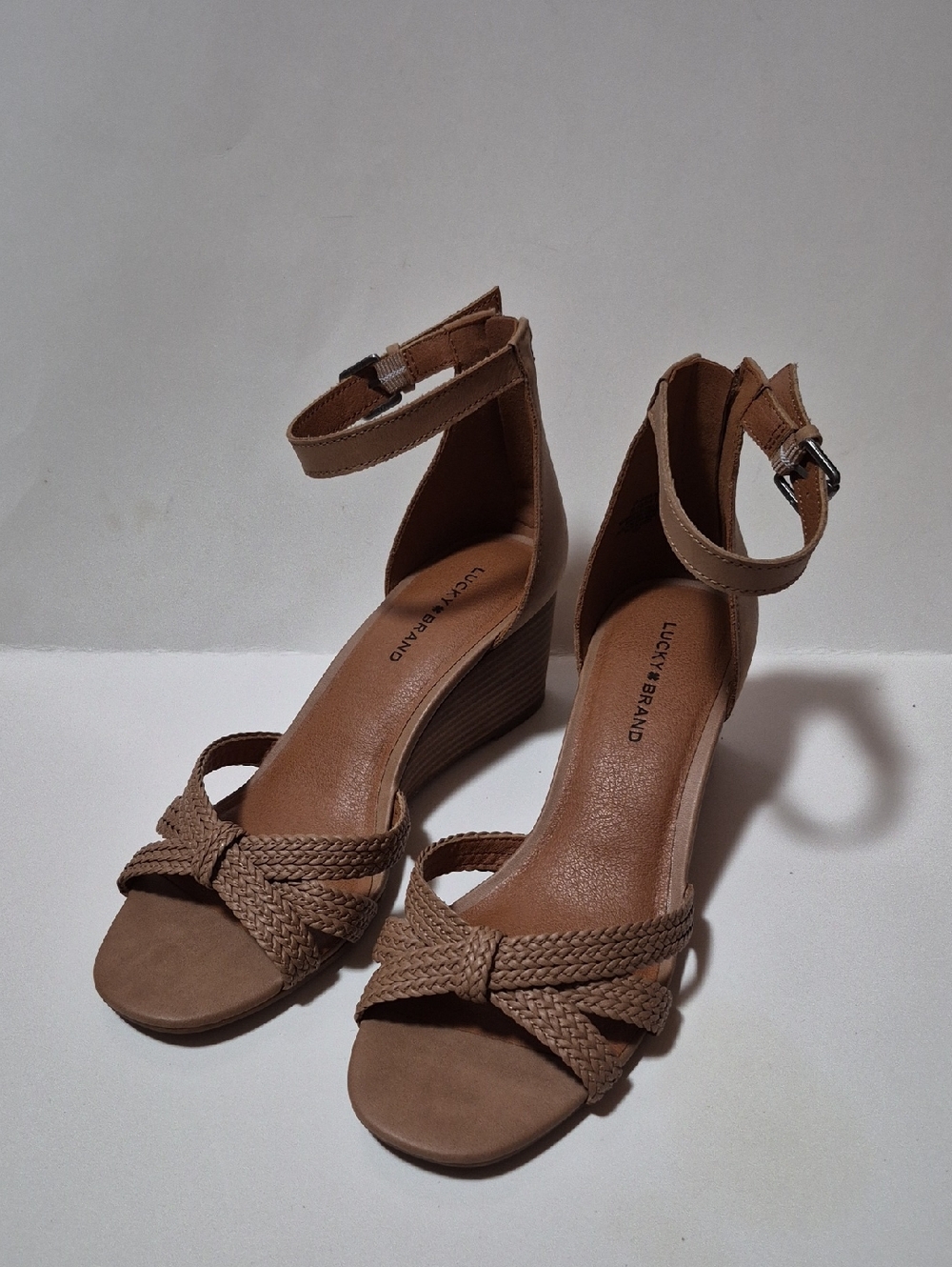 Lucky Brand Women's Braided Ankle-Strap Wedge Sandals in Tan